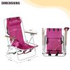 Folding Beach Chair Set of 2 for Adults, 4 Position Portable Backpack Foldable Camping Chair with Headrest Cup Holder and Wooden Armrests, Pink