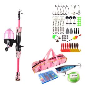 Kids Fishing Pole Set Fishing Starter Kit Telescopic Fishing Rod and Reel Combo Kit with Tackle Box 56Pcs Fishing Lures for Boys Girls (Color: Pink)